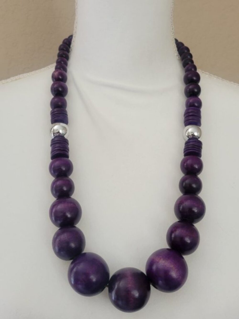 Vintage 1970s Purple and Silver Wooden Bead Necklace Hello Mrs Roper